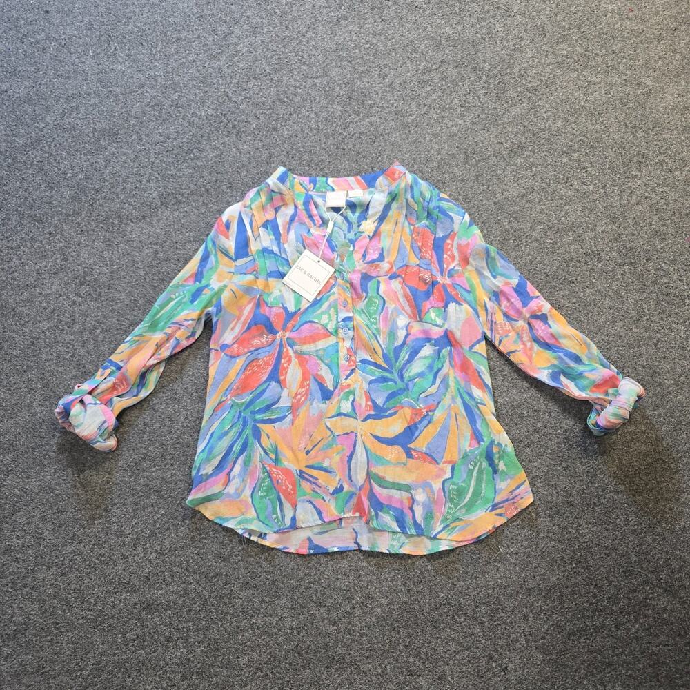 Zac Rachel Top Womens Size Small Blue Green Floral V Neck Lightweight Sheer